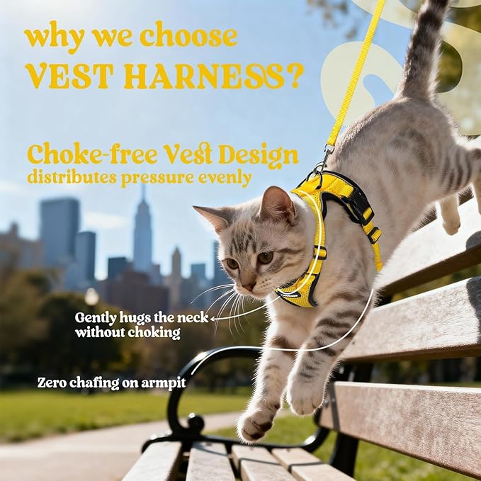 rabbitgoo Cat Harness and Leash for Walking, Escape Proof Soft Adjustable Vest Harnesses for Cats, Easy Control Breathable Reflective Strips Jacket, Yellow, M