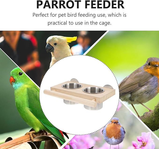 HEMOTON Parrot Feeder Bird Cage Food Container 1 Stainless Steel Bowl with Stand 1 Fruit Fork 2 Rattan Balls Set Bird Feeding and Watering Supplies Random Color