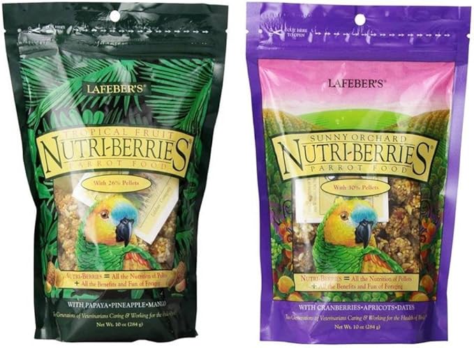 Lafebers Nutri-Berries Parrot Food 2 Flavor Variety Sampler Bundle: (1) Papaya/Pineapple/Mango, and (1) Cranberries/Apricots/Dates, 10 Oz. Ea. (2 Bags)