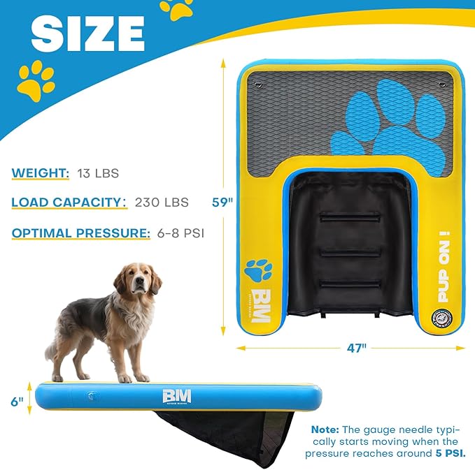 Beyond Marina Dog Pool Ramp - PUP ON! Inflatable Dog Water & Boat Ramp for Lake & Dock, Floating Pontoon Dock Ladder with Non-Slip EVA Platform, Extra Large 5 ft x 4 ft, Blue/Yellow, Supports 230 lbs