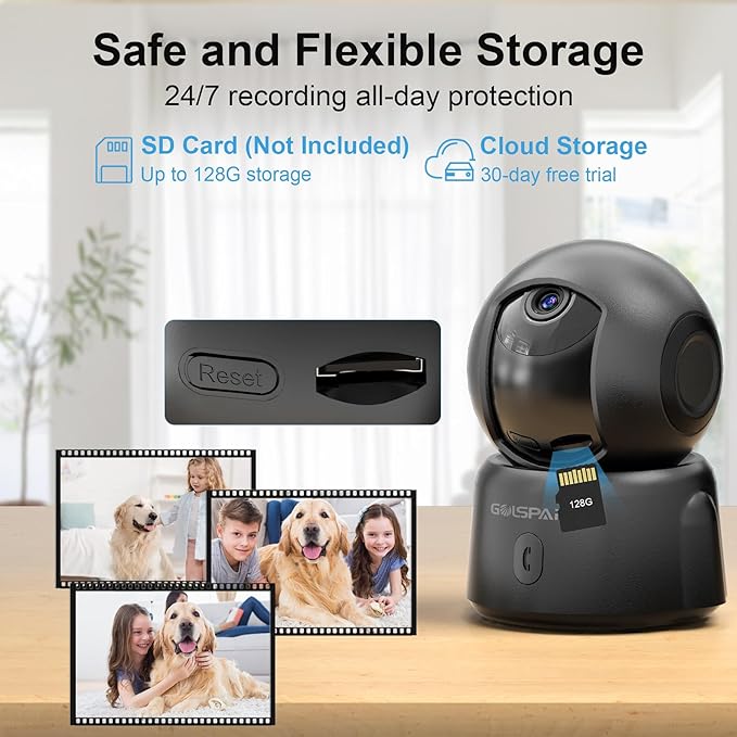 GOLSPARK 2K Indoor Security Camera for Baby Monitor, 2.4GHz WiFi 360 Pet Camera with Night Vision Motion Tracking Detection Two-Way Audio Sleep Mode SD Card Cloud Storage, Black