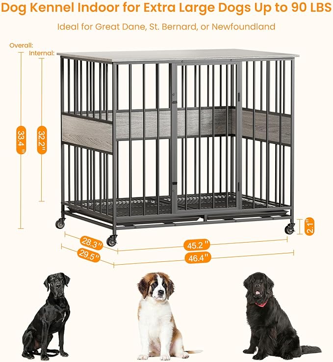 Dog Crate Furniture for Extra Large Dogs, 47 Inch Indoor Kennel, Wooden Pet Cage Decorative Corner End Table with Caster Wheels & Double Removable Tray, Greige