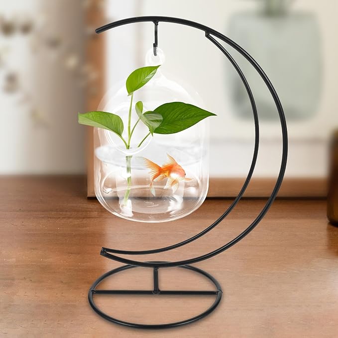 POPETPOP Hanging Glass Betta Fish Bowl with Moon-Shaped Iron Stand, 12cm Tabletop Aquarium Tank for Home Decor and Betta Fish Care