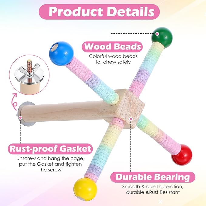 Rotating Parrot Perch Toy with Chew Ball - Bird Cage Accessories for Small and Medium Birds - Natural Wood and Cotton Rope Parakeet Toys and Accessories