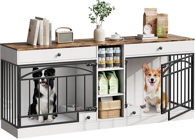 GAOMON Dog Crate Furniture for 2 Dogs, 78.7'' Large Dog Kennel Indoor with 2 Storage Drawers, 3 Shelves and Feeding Bowls, Double Dog Crate TV Stand for Small and Medium Dogs, White