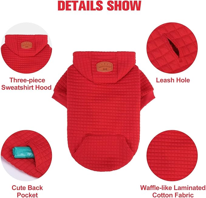 BEAUTYZOO Dog Hoodie with Leash Hole and Pocket,Dog Sweaters for Small Medium Large Dogs Boys Girls,Waffle-Like Laminated Cotton Warm Outfits for French Bulldogs, Pitbull, Winter Puppy Clothes Jacket
