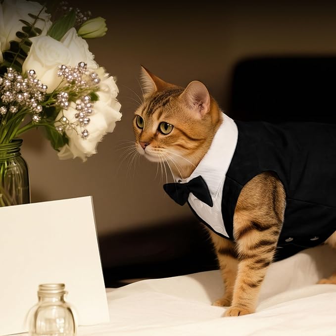 PUMYPOREITY Cat Tuxedo Suit Formal Wear with Bow Tie, Soft Skin-Friendly Cat Costumes for Cats Only, Elegant Outfit for Male Female Cats, Perfect for Wedding Birthday Photo Shoots, XS, Black