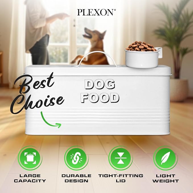 Plexon Metal Dog Food Storage Container with Scoop - Small Dog Food Container 10lbs Holder Treat Jar Bin with Lid - Pet Chow Storage Canister Tin, 2 Gallon, White