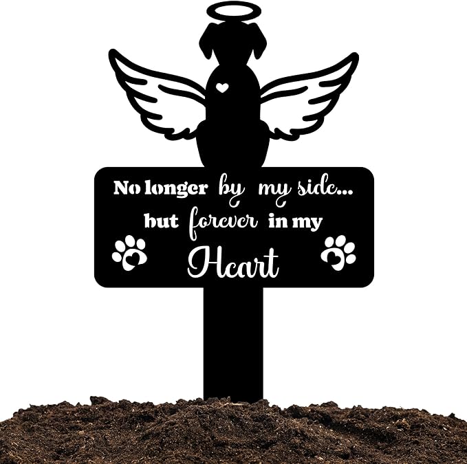 Angel Dog Grave Marker – 12in Memorial Stone with Halo and Paw Prints, Weatherproof Pet Headstone for Outdoor Use, Dog Tombstone for Graves, Sympathy Gift for Loss