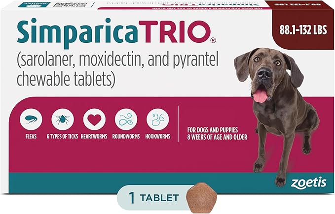 Simparica Trio (sarolaner, moxidectin, and pyrantel chewable Tablets) Chewables for Dogs, 72 mg/tab, 88.1-132 lbs, (Brown), 1 Tablet
