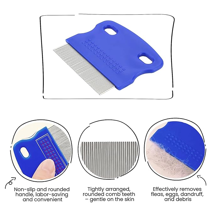 5 Pack Flea & Lice Comb Set for Cats, Dogs & Kids – Stainless Steel Fine Tooth Nit Comb Kit with Double-Sided Tear Stain Remover, Grooming Brush & Peine para Piojos for Thick Hair (Blue)