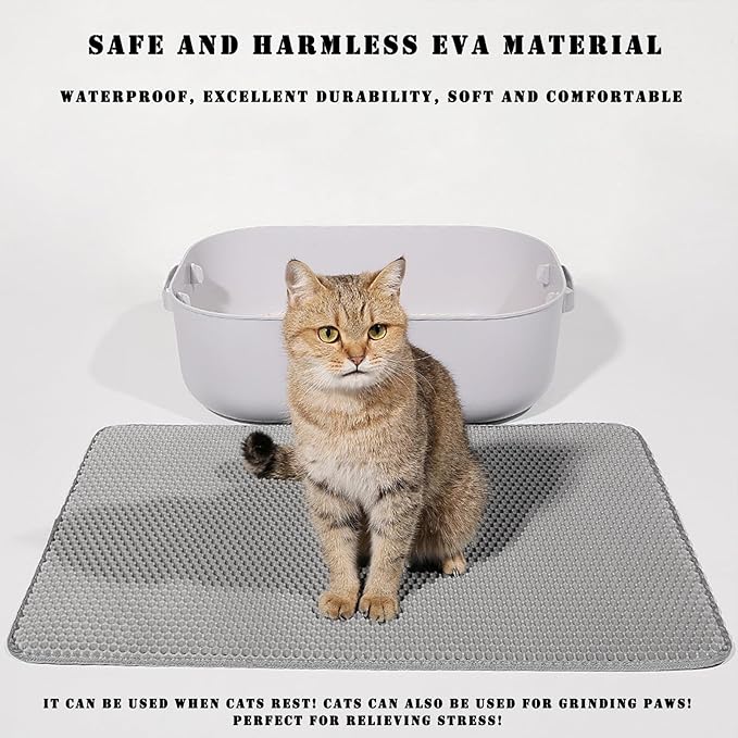 HCY&WLD Cat Litter Mat, 45x26/35x24/30x22/24x18 Inch Double Layer Cat Litter Box Mat, EVA Non-Slip, Waterproof Urine Proof Cat Litter Catcher Mat, Easy Clean Scatter Control (30x22 Inch, Gray)