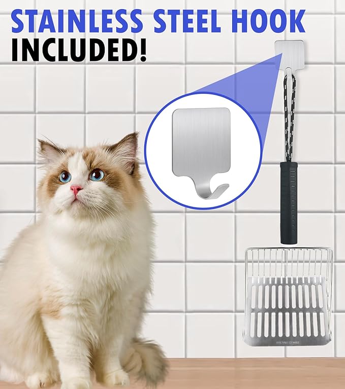 2PCS Cat Litter Scoop,Solid and Durable Kitty Metal Scooper,Stainless Steel Sifter,Heavy Duty,for Litter Box,Black Rubber Handle,Included Stainless Steel Hook
