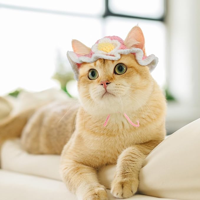 2 PCS Flower Cute Knit Pet Hat, Soft Knitted Cat Bunny Costume Halloween Easter Christmas, Small Accessory Hats for Kitten Pet Rabbits Dog Guinea Pig Daily Dress Up (Blue, Pink)