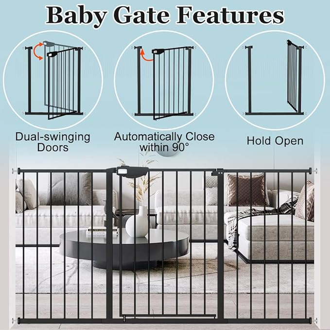 WAOWAO Triple Lock Baby Gate Extra Wide 67.32-72.04" Pressure Mounted Walk Through Swing Auto Close Safety Black Metal Dog Pet Puppy Cat for Stairs,Doorways,Kitchen