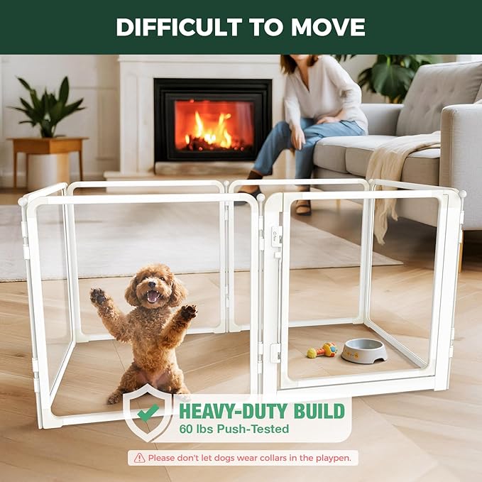 FXW AuraSpace Pro Metal & Acrylic Indoor Dog Playpen, All-Acrylic Clear Heavy-Duty Design, 24" Height 6 Panels for Puppies & Small Dogs, White│Patented