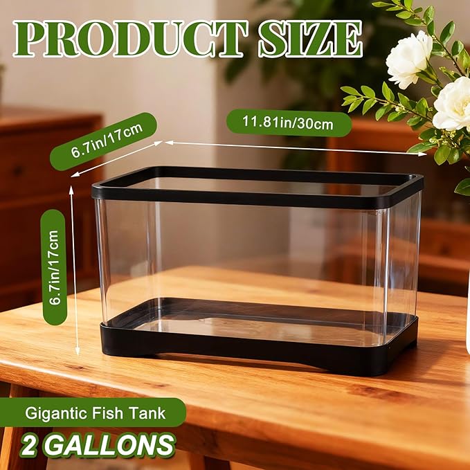 Geelin 2 Gallon Plastic Rectangular Fish Tank, Aquarium for Betta Fish Reptiles Succulents Flower Centerpiece, Shatterproof with Clear Clarity for Home Office Desktop Decors(Black)