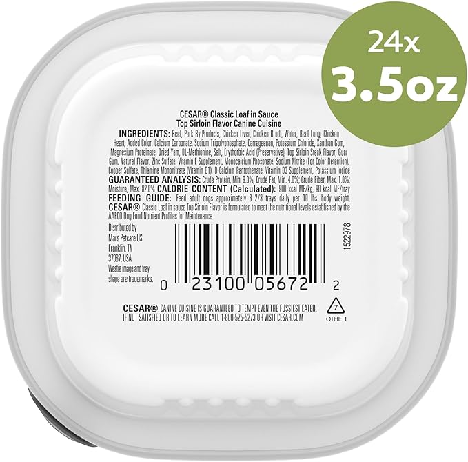 Cesar Classic Loaf in Sauce Adult Wet Dog Food Top Sirloin Flavor, 3.5 oz. Easy Peel Trays, 24 Count (Pack of 1)