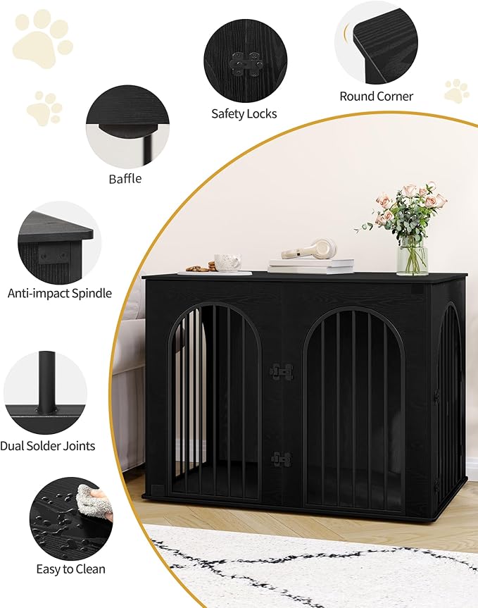 44.1" Wooden Dog Crate Furniture, Indoor Dog Kennel Dogs Cage for Small/Medium/Large Dogs, Heavy Duty Dog Crates Decorative Pet House End Side Table TV Stand, Black DFC83904B