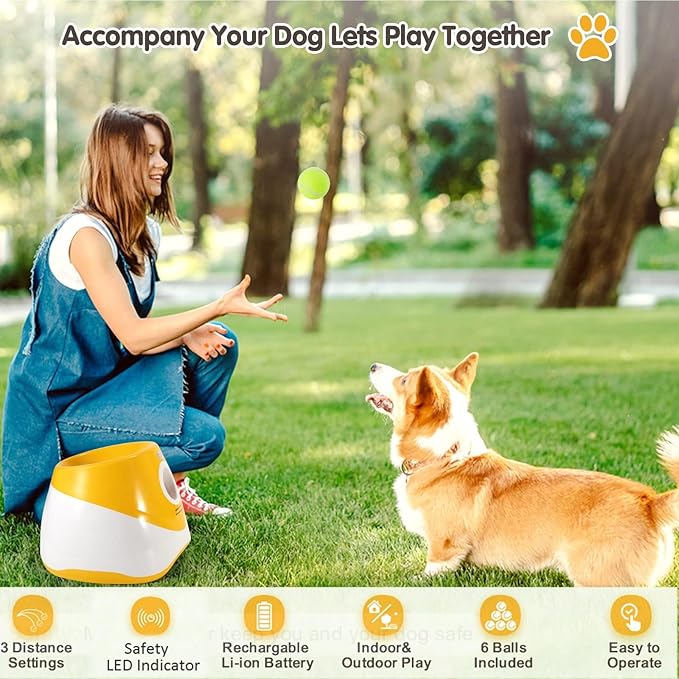 SOCO Automatic Ball Launcher for Dogs, USB Rechargeable with 3 Distances (10/20/30 ft), Safety LED Indicator, Include 15 Tennis Balls, Indoor/Outdoor Fetch Toy for Small/Medium Dogs