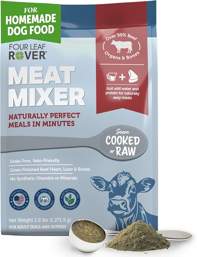 FOUR LEAF ROVER Meat Mixer - Premium Dog Food Base Mix for Homemade Dog Food - Easy to Prepare, Serve Cooked or Raw, with Grass-Finished Beef and Organic Greens - Grain Free 2.73 lbs
