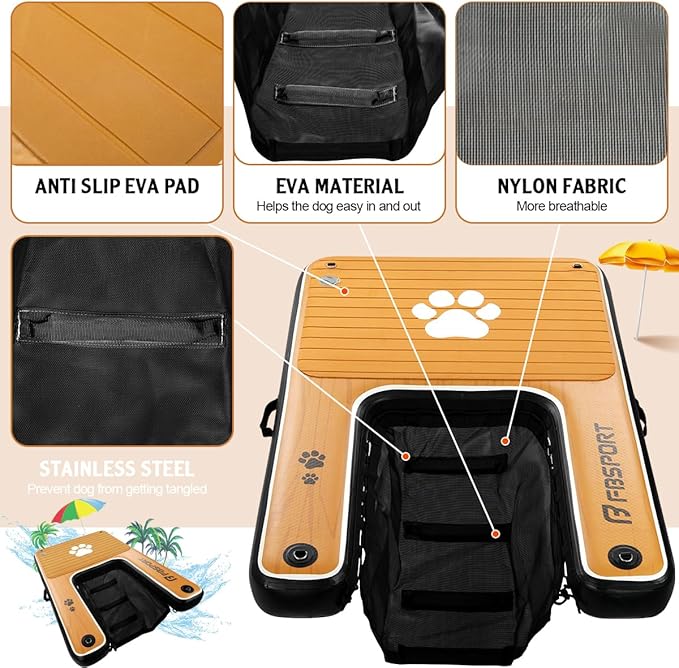 FBSPORT Inflatable Dog Boat Ramp Floating Dock Water Ladder for Pool, Boat, Non-Slip EVA Floating Ladder Pool Ramp for Dog Up to 220 LBs, Safe & Easy Access