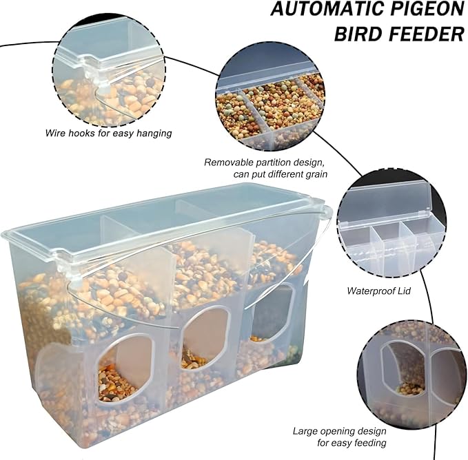 Automatic Pigeon Bird Feeder Water, 2 Pack Plastic Feeder Water Dispenser Drinkers for Cage, No Mess Hanging Parrot Food Feeding, Cage Accessories for Parakeet Quail Bird Chicken (3 Hole-Iron Wire)
