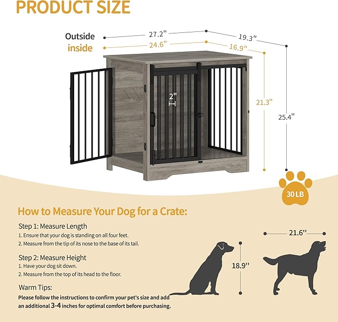 27.2" Dog Crate Furniture with Barn Door, Heavy Duty Dog Kennel Indoor with 2 Doors, Wooden Pet Cage End Table for Small Medium Dogs up to 22 lb, Anti-Chew Anti-Escape, Greige DFC84305B