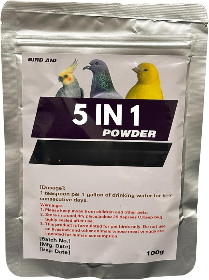 5 in 1 Powder Medicine for Pigeons, Canary, Finches, Parakeet, Cockatiels, Parrots, Cage Small Birds, & Aviary Birds