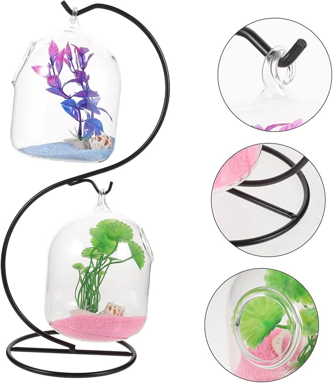 BESTOYARD Hanging Fish Tank with Stand 13In Desktop Aquarium Mini Betta Fish Bowl Tabletop Tank for Home Office Garden Decoration