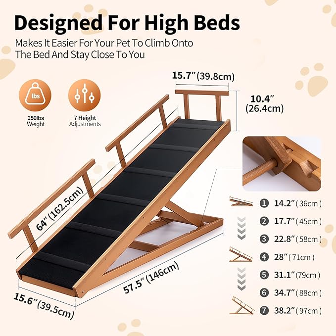 Dog Ramps for Beds, 64" Long Foldable Pet Ramps for Large Dogs, Portable Wooden Dog & Cat Ramps for Couch, Furniture-Grade Dog Step Adjustable Height W/Non Slip Mat & Safety Side Rails