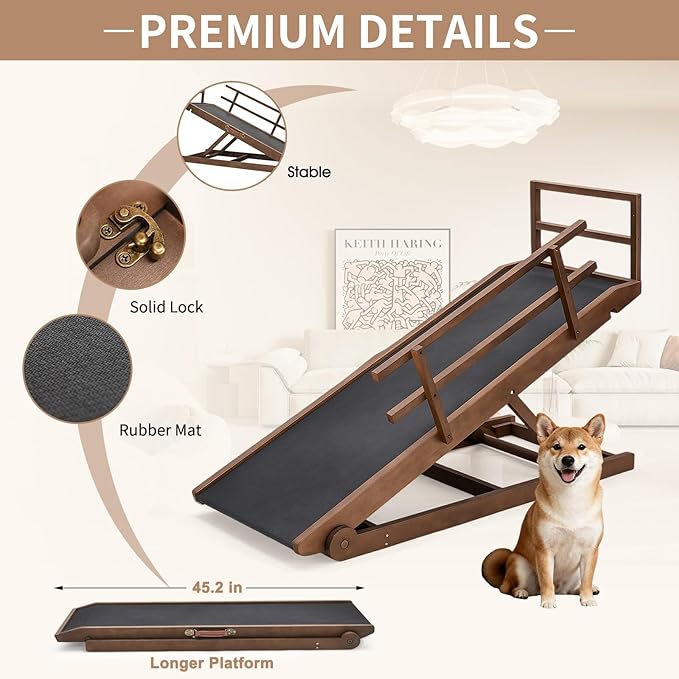 SLSY Dog Ramp for Bed, Folding Adjustable Pet Ramp with Non-Slip Rubber Mat, 45.2" Long, 5 Heights 15.7''–23.6", Portable Natural Wood Ramp for Small & Senior Dogs & Cats