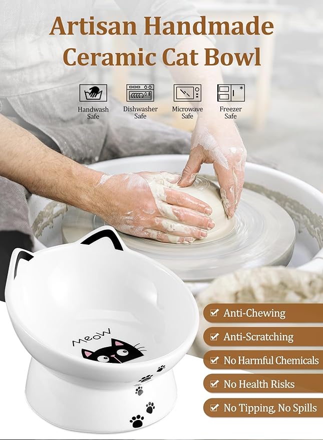Yedio Porcelain Raised Cat Bowl, Tilted Cat Food Bowl with Anti Slip Band, Stress Free, Elevated Porcelain Pet Bowl Protect Pet's Spine, Backflow Prevention, Dishwasher Safe, White