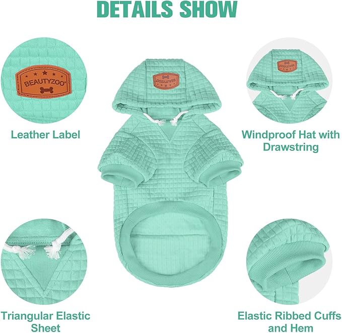 BEAUTYZOO Small Dog Hoodie Sweater with Pockets, Dog Clothes for Small Medium Dogs Boy Girl, Waffle-Like Laminated Cotton Pet Coats with Hat and Leash Hole, Mint Green XS