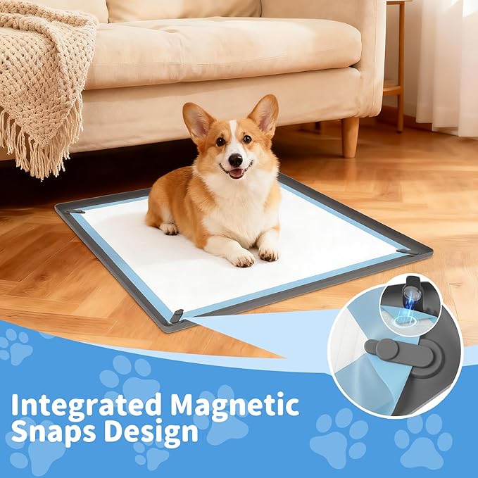 ALOOF Silicone Dog Pee Pad Holder 24x24 in, Puppy Potty Training Tray with Magnetic Snaps & Raised Edges, Non-Slip Floor Protector, Gray