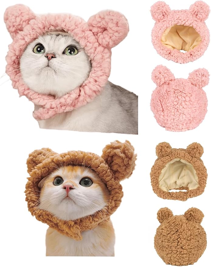 2 Pcs Cat Warm Hat - Winter Pet Headwear for Cats Small Dogs,Cute Cat Clothing Accessories Dress Up Valentines Party Birthday Theme(Brown,Pink)