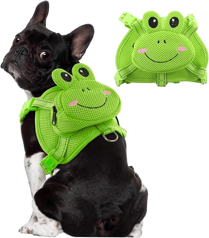 Dog Harness with Backpack, Adjustable Dog Backpack Harness for Small Medium Dogs, No-Pull Breathable Backpacks for Dogs to Wear, for Traveling, Hiking, Camping, Training, Green Frog M