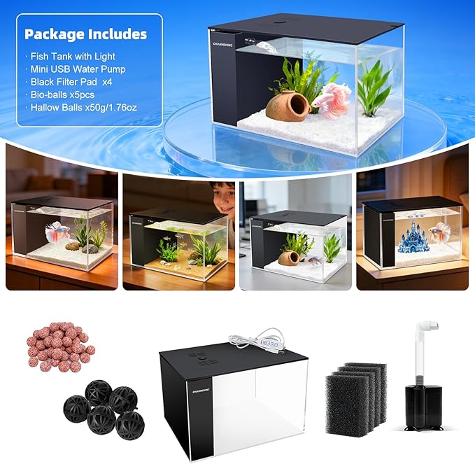 Small Fish Tank Betta 2.5 Gallon Desktop Aquarium Kit with LED Light and Water Pump & Black Filter Sponge & Bio Ball Filter Media Compact Aquarium for Betta Fish, Shrimp(Black