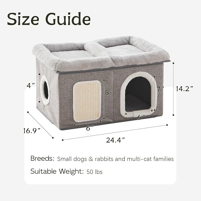 WINDRACING Cat Beds for Indoor Cats - Extra Wide Cat House for Pet and Foldable Cat Cave Bed with Scratch Pad, Cat Hideaway Condo for Kitten, 24.4x16.9x14.2 inches, Light Grey