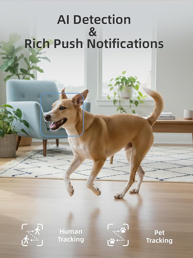 VIRTAVO Pet Camera Indoor for Dogs & Cats, 360° PTZ Pet Monitor with Motion Tracking, Dual‑Lens, 2‑Way Audio, Night Vision, No Subscription, Wi‑Fi 6 (2.4GHz/5GHz), SD & Cloud Storage