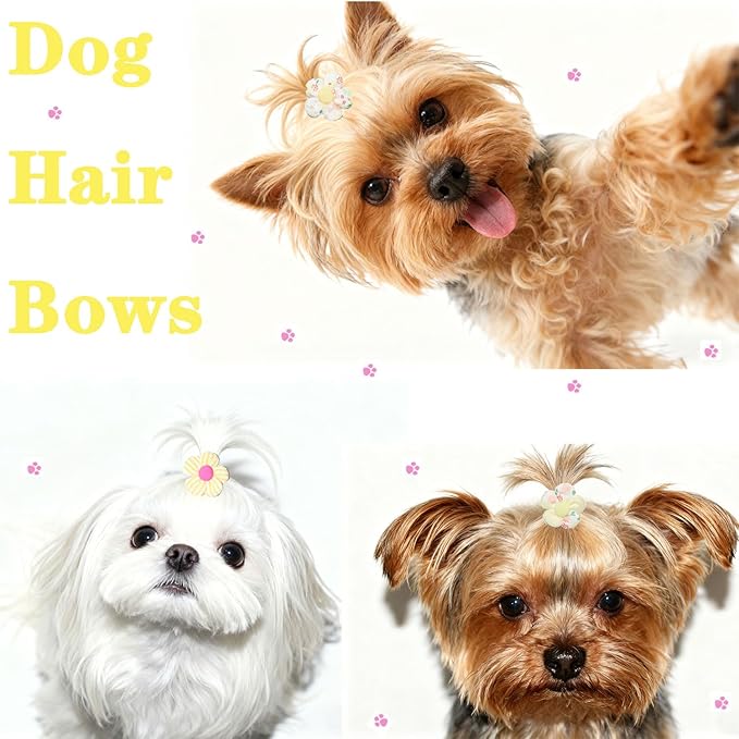 20 Pcs Handmade Cute Puppy Hair Bows, Flower Bowknot with Rubber Bands for Small Dog Hair Ties Accessories Cream Yellow
