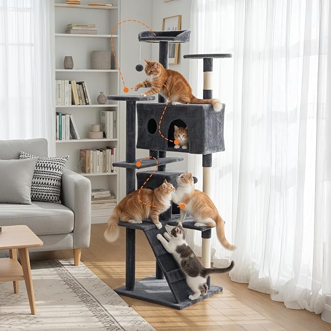 Sweetcrispy 80 Inch Cat Tree Tower, Multi-Level with Cat Scratching Post, Indoor Cat Condo with Climbing Ladder, Plush Toy, Play House for Cat, Dark Grey
