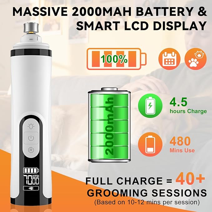 Silent Groom Pro Nail Grinder for Dogs - Quiet Dog Nail Grinder with LED Light, 3-Speed Cordless, 2000mAh Battery & 2 Grinding Heads for Safe Trimming of Small, Medium, Large Dogs and Cats