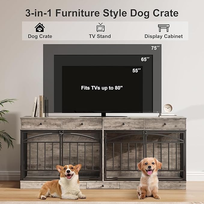 GAOMON Dog Crate Furniture for 2 Dogs, 78.7'' Large Dog Kennel Indoor with 4 Storage Drawers and Feeding Bowls, Double Dog Crate TV Stand for Small and Medium Dogs, Gray