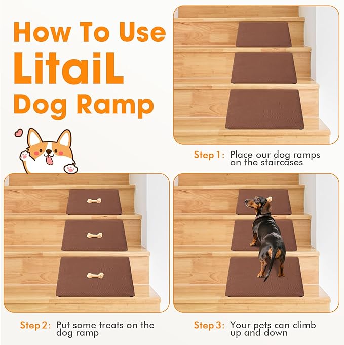 Dog Ramps for Staircase - Pet Steps Stairs for Staircase with Anti-Slip Bottom Suitable for Small Dogs, 3 Packs Extra Wide Metal Frame Dog Ramp for Injured and Older Pets (Brown)