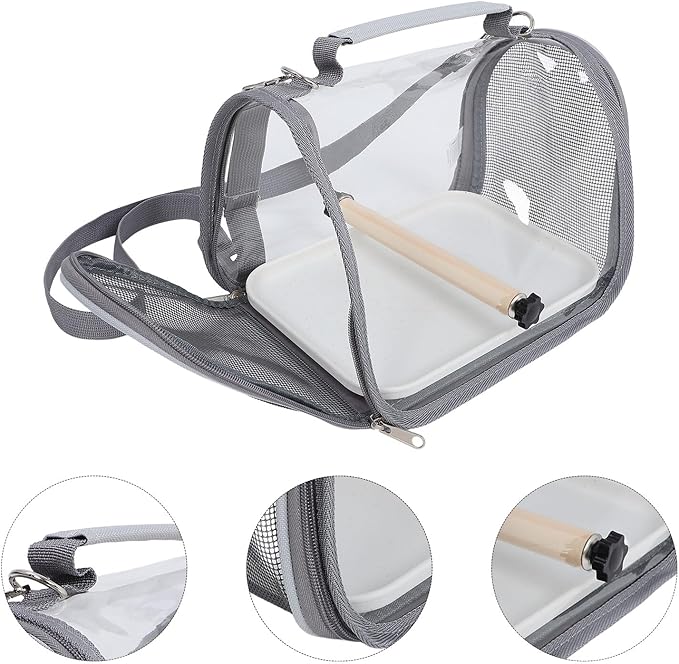 Kisangel Portable Parrot Travel Cage Carrier with Wooden Perch, Small Grey Lightweight Bird Carrier for Small Birds, Conures, and Lizards, Compact Pet Bird Travel Case for Outdoor
