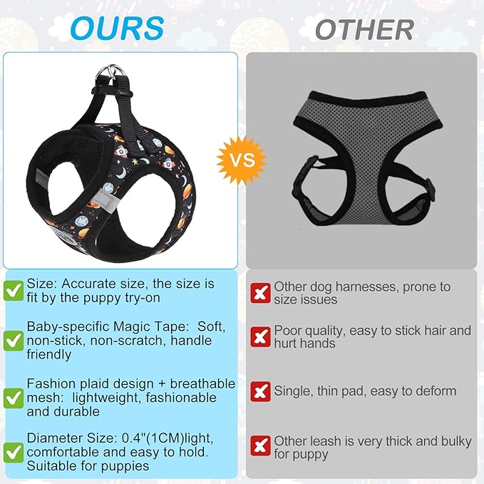 BEAUTYZOO Dog Harness Small Sized and Leash Set, Step-in Soft Padded Mesh Puppy Vest, Reflective Dog Harness No Pull No Choke, Breathable Easy Walking Vest Harnesses for Girl Boy Pets, Black Planet XS