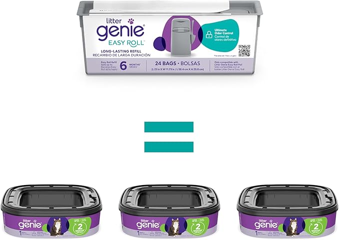 Litter Genie Easy Roll Refill Bags | Up to 6 months of supply in 1 Roll - 24 tear-off Bags | Ultimate Odor Control Cat Litter Bag (Pack of 2)