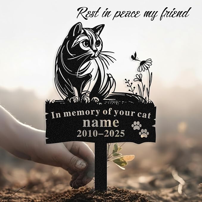 Custom Cat Grave Marker Outdoor, Personalized Metal Cat Memorial Grave Stake with Name and Date, Outdoor Waterrproof Cats Memorial Plaque