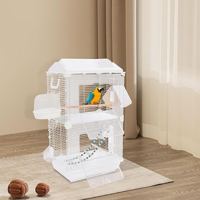 2-Tier Bird Cage 28 Inch Large Birdcage with Roof Features and Rolling Stand Birds Amusement Park for Parrots Cockatiels Budgie Conures Lovebirds